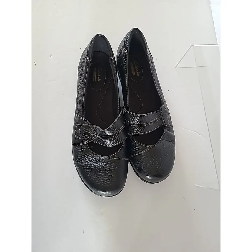 Clarks WMS 8.5M Shoes Flats Mary Black Brown Mary Jane Strap Slip On Comfort
